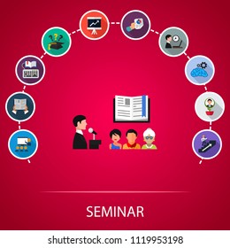 Seminar flat icons concept. Vector illustration. Element template for design.