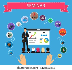 Seminar flat icons concept. Vector illustration. Element template for design.