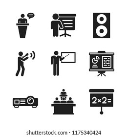 seminar icon. 9 seminar vector icons set. person of business standing with a screen board giving a lecture, speaker and lecture icons for web and design about seminar theme