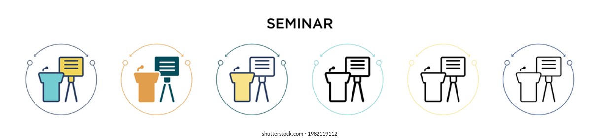 Seminarsymbol in voller, dünner Linie, Umriss- und Strichform. Vektorgrafik von zwei farbigen und schwarzen Seminar-Vektorgrafiken-Designs kann für mobile, iPhone, web-basierte
