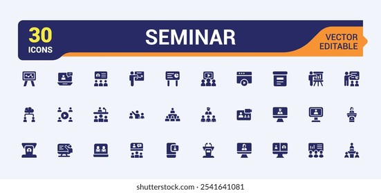 Pacote de ícones do seminário. Inclui ícones para professor, 5on, homem, grupo, trabalho em equipe, pessoa, colaboração e muito mais. Ícones preenchidos mínimos. Ícone de vetor editável e ilustração.