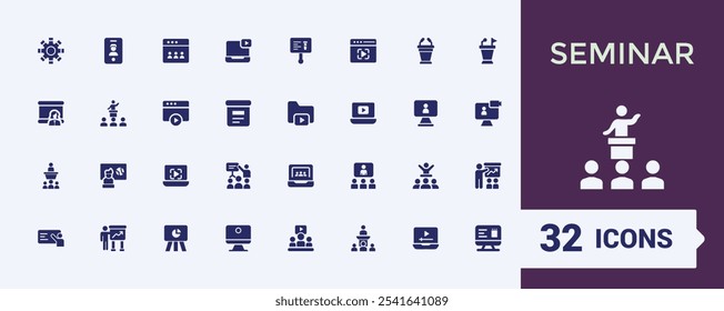 Seminar icon pack. Includes icons for teacher, 5on, man, group, teamwork, person, collaboration and more. Minimal filled icons. Editable vector icon and illustration.
