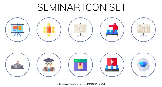 seminar icon set. 10 flat seminar icons.  Simple modern icons about  - presentation, university, meeting, professor, elearning, conference, learning, education