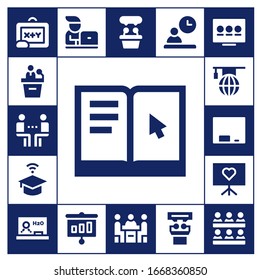 seminar icon set. 17 filled seminar icons.  Simple modern icons such as: Blackboard, Presentation, Meeting, Learning, University, Student, Conference, Employee, Classroom