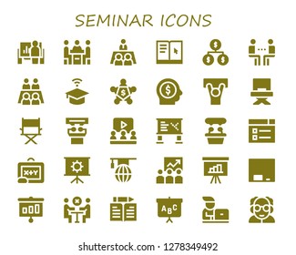  seminar icon set. 30 filled seminar icons. Simple modern icons about  - Presentation, Conference, Meeting, Learning, Organization, University, Employee, Demonstration, Director