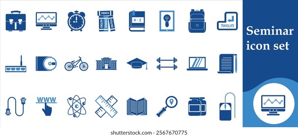 Seminar icon set, business, set, vector, icon, seminar, person, people, meeting, people, human, symbol, chalkboard, illustration, online, line art, clock and more.