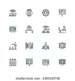 seminar icon set. Collection of 16 filled seminar icons included Presentation, Demonstration, Meeting, Learning, Workplace, Student, Resources, Education