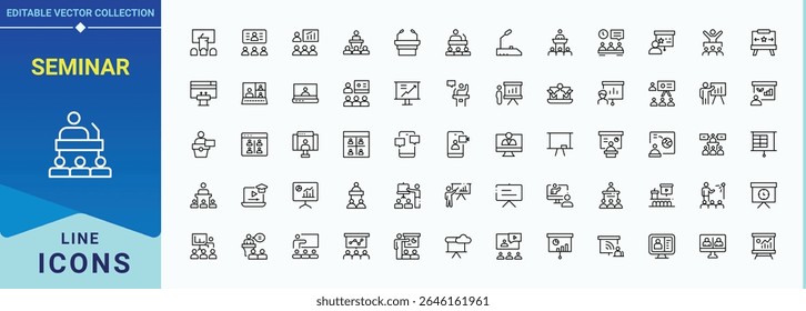 Seminar icon set. Discussion line icon set. Modern vector illustration. Includes thin line symbols presentation, collaboration, discussion, conference and more. Pixel perfect. Editable stroke.