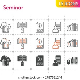 seminar icon set. included cloud, study, ebook, books, doc icons on white background. linear, bicolor, filled styles.