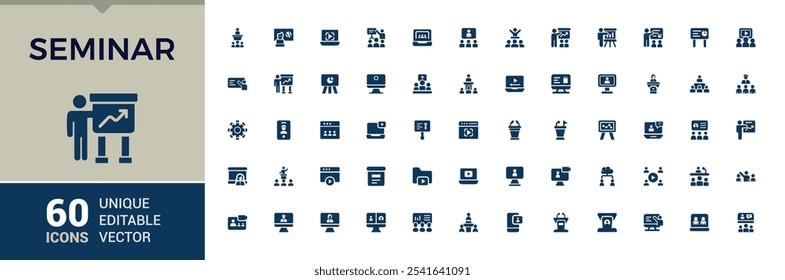 Seminar icon set. Includes icons for manager, speaker, people, discuss, seminar and more. Filled icons pack. Vector illustration.