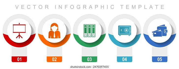 Seminar icon set, miscellaneous vector icons such as board, woman, archive, safe and money, modern design infographic template, web buttons in 5 color options