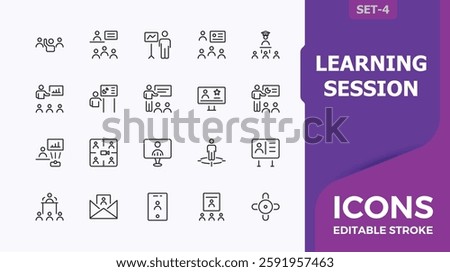Seminar icons. Contain linear outline icons discuss, class, work, talk, communication, project, classroom, organization. Editable vector stroke. Minimalistic icon collections.