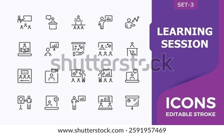 Seminar icons. Contain linear outline icons discuss, class, work, talk, communication, project, classroom, organization. Editable vector stroke. Minimalistic icon collections.