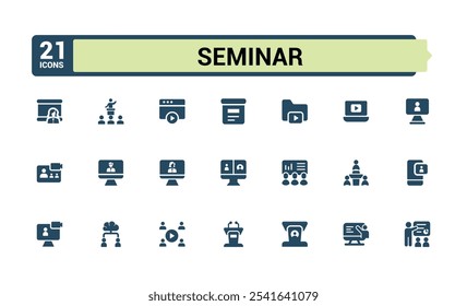 Ícones do seminário em estilo preenchido. Contendo encontro, laptop, seminário, grupo, conferência, organização, escritório e muito mais. Símbolo sólido simples. Ilustração vetorial editável.