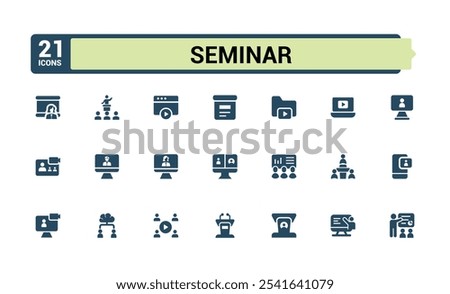 Seminar icons in filled style. Containing meet, laptop, seminar, group, conference, organization, office and more. Simple solid symbol. Editable vector illustration.