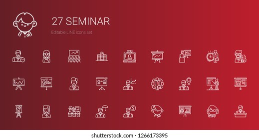 seminar icons set. Collection of seminar with presentation, student, employee, video call, teacher, professor, university, class. Editable and scalable seminar icons.