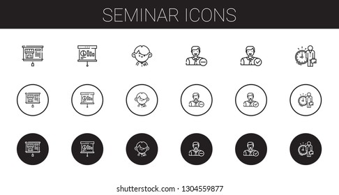 seminar icons set. Collection of seminar with presentation, student, employee. Editable and scalable seminar icons.