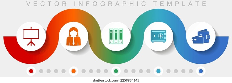 Seminar infographic vector template with icon set, miscellaneous icons such as board, woman, archive, safe and money for webdesign and mobile applications