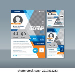 Seminar Poster Template with blue and orange color theme on white background, plus stories and post feeds for social media
