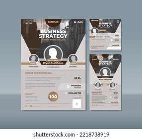 Seminar Poster template with grey brown color theme with grey background plus stories and post feed for social media