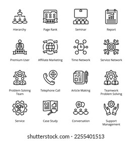 Seminar, Report, Problem Solving Team, Telephone Call, Article Making, Teamwork Problem Solving, Hierarchy, Page Rank, Premium User, Affiliate Marketing, Outline Icons - Stroked, Vectors