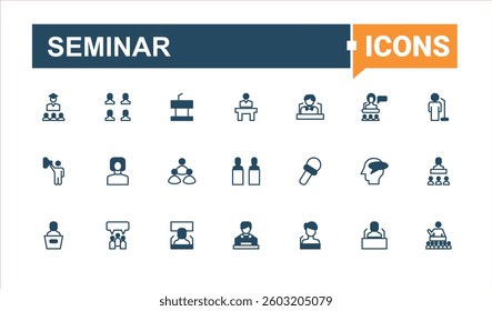 Seminar simple icon. Includes symbols for conversation, talk, presentation, debate and more. Public Speaking line icon set. Flat web icons. Editable stroke collections.