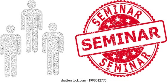 Seminar strukturierte Stempel und Vektormenschen Mesh-Modell. Rote Stempelrobbe hat Innenkaption von Seminar. Abstrakte flache Menschen, die aus flachen Maschen hergestellt wurden.