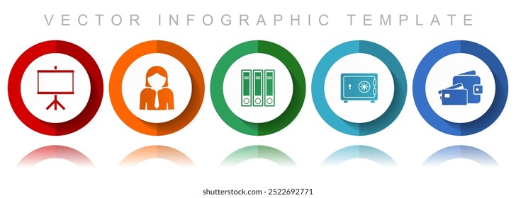 Seminar vector icon collection, miscellaneous icons such as board, woman, archive, safe and money, flat design infographic template in eps 10