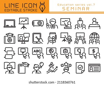 Seminar vector icon set. Editable line stroke.