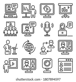 Seminar and Webinar Video Meeting Icons Set. Vector