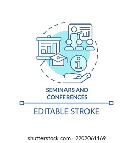 Seminars and conferences turquoise concept icon. Business. Type of corporate events abstract idea thin line illustration. Isolated outline drawing. Editable stroke. Arial, Myriad Pro-Bold fonts used