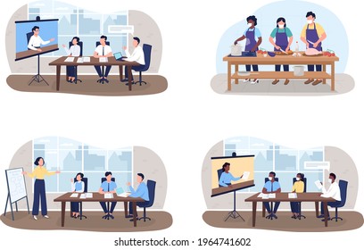 Seminars and workshops 2D vector web banner, poster set. Tutors and students flat characters on cartoon background. Professional training printable patch, colorful web element collection