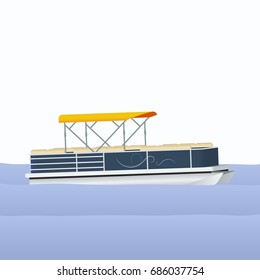 Semi-Oblique Side View Pontoon Boat on Calm Blue Water Vector Illustration for Transportation or Recreation Related Design