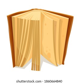 Semiopened book in hard cover standing vertical on the side. Encyclopedia, novel, dictionary, textbook. Vector cartoon illustration for educational, publishing, bookish projects isolated on white.