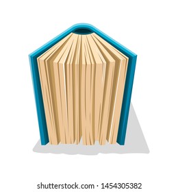 Semiopened old book in hard blue cover standing vertical. Fairy world of knowledge concept. Vector cartoon illustration for reading club, educational, publishing, bookish projects isolated on white.