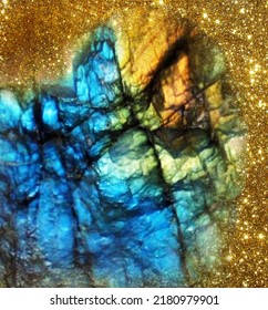 abstracción semipreciosa, piedra áspera, textura de color mágico, lustre de textura de piedra y oro, colores irrisorios azul-verde. Plantilla de diseño de ilustraciones vectoriales para fondo, embalaje, papel tapiz