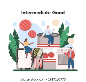 Semi-processed goods production. Frozen intermidiate food or ingredients for home cooking. Frozen roastbeef and pizza, caned soup and packed salad. Isolated flat vector illustration