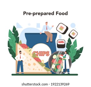 Semi-processed goods production. Frozen intermidiate food or ingredients for home cooking. Frozen roastbeef and pizza, caned soup and packed salad. Isolated flat vector illustration