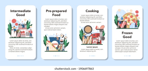 Semi-processed Goods Production Mobile Application Banner Set. Frozen Intermidiate Food Or Ingredients For Home Cooking. Isolated Flat Vector Illustration