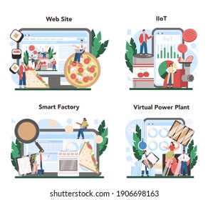 Semi-processed goods production online service or platform set. Frozen intermidiate food or ingredients for home cooking. Online IIoT, smart factory, VPP, website. Isolated flat vector illustration