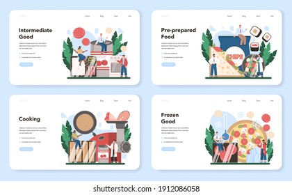 Semi-processed Goods Production Web Banner Or Landing Page Set. Frozen Intermidiate Food Or Ingredients For Home Cooking. Isolated Flat Vector Illustration