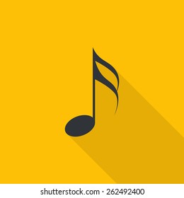 Semiquaver on yellow background. Note. Flat icon with long shadow. Vector illustration.