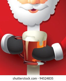 A semi-realistic cartoon illustration of Santa Claus holding a glass mug of beer with both hands. The mug is filled all the way to the top with some froth dripping down the side. CMYK vector image.