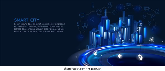 a semi-realistic illustration of a smart city at night, the concept for application development, the smart city, internet of things, smart life,information technology, surrounded by thin-line icon.