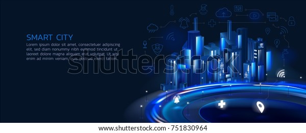 a semi-realistic illustration of a smart city at\
night, the concept for application development, the smart city,\
internet of things, smart life,information technology, surrounded\
by thin-line icon.