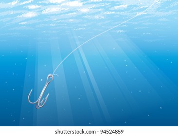 A semi-realistic illustration of an underwater view of a fishing hook drifting tantalizingly in the current. CMYK vector image.