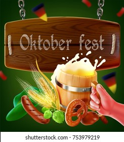 a semi-realistic illustration of the wooden signboard of the october or oktober festival and their element such as bred,pork,a mug of beer,bavalian food,soucess