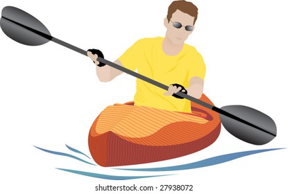 Semi-realistic kayaker on white background with orange kayak and small blue wake. Vector illustration.