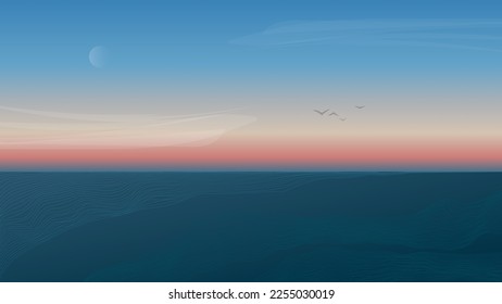 Semi-realistic vector illustration with sunset and Moon in the sky