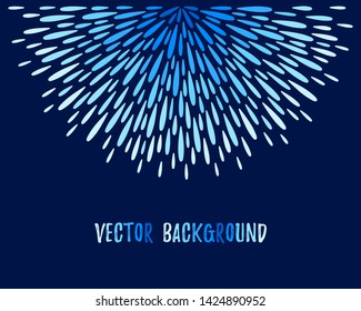 Semi-round template, semicircle border made of firework sparks, rays, long drops, icicles, frozen water droplets. Gradient blue radial spatter, splatter background. Template with space for text.